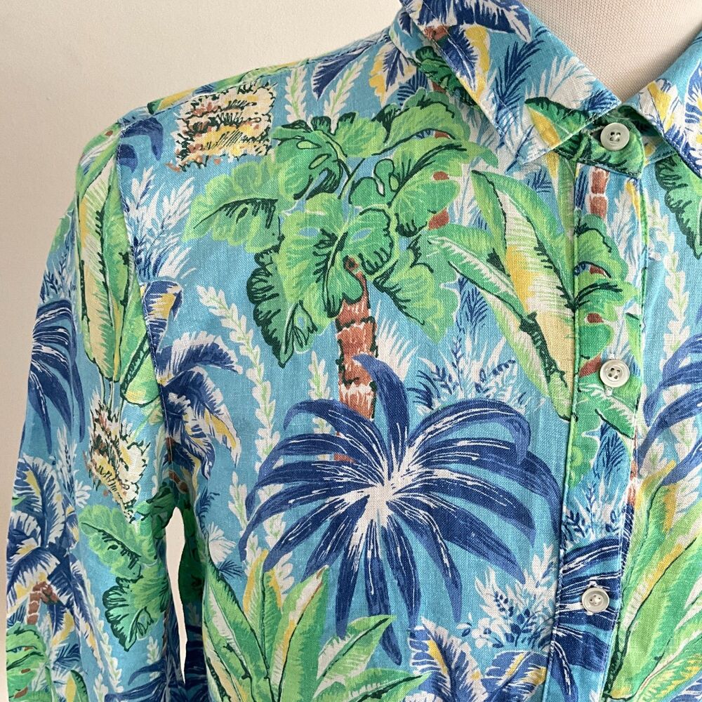 100 % Linen J McLaughlin Floral Palm Button Front Shirt L - Picture 7 of 10